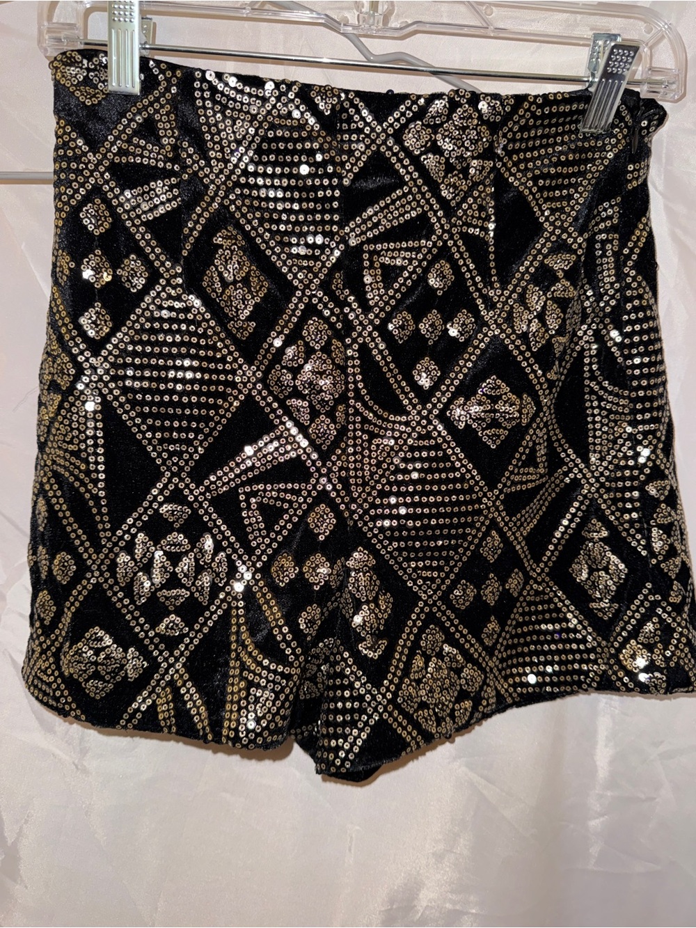 Zara Black High-Waist Shorts with Gold Sequin Geometric Pattern